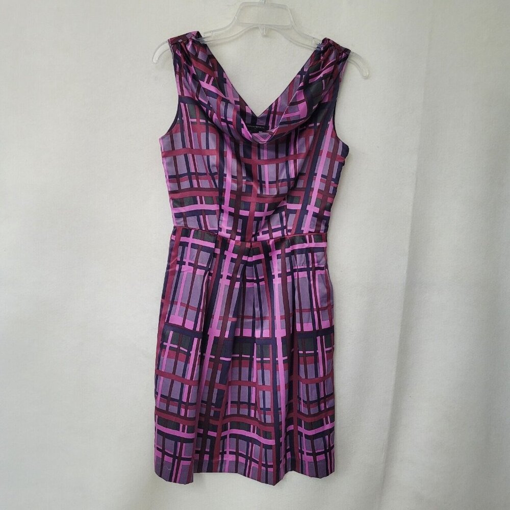 Banana Republic Sheath Dress‎ Size 0 Purple Pink Plaid Cowl Neck Sleeveless